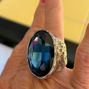 Incredible Uno de 50 Hammered Silver Ring with Deep Blue Swarovski Crystal, Med!